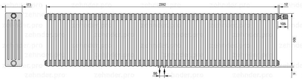 Схема (чертеж) Радиатор Zehnder Charleston 5090/52 №V008 Белый глянцевый RAL 9016